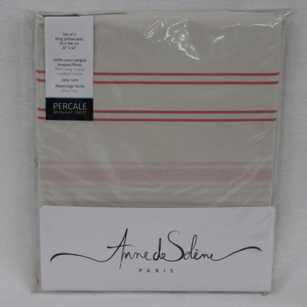 ANNE DE SOLENE PARIS BABYLONE STRIPE KING PILLOWCASES - NEW - CORAL SET OF 2
